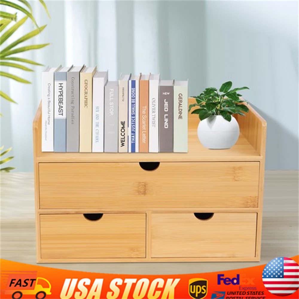 Bamboo Desk Organizer with 3 Drawers Tabletop Cosmetic Storage Simple Design NEW