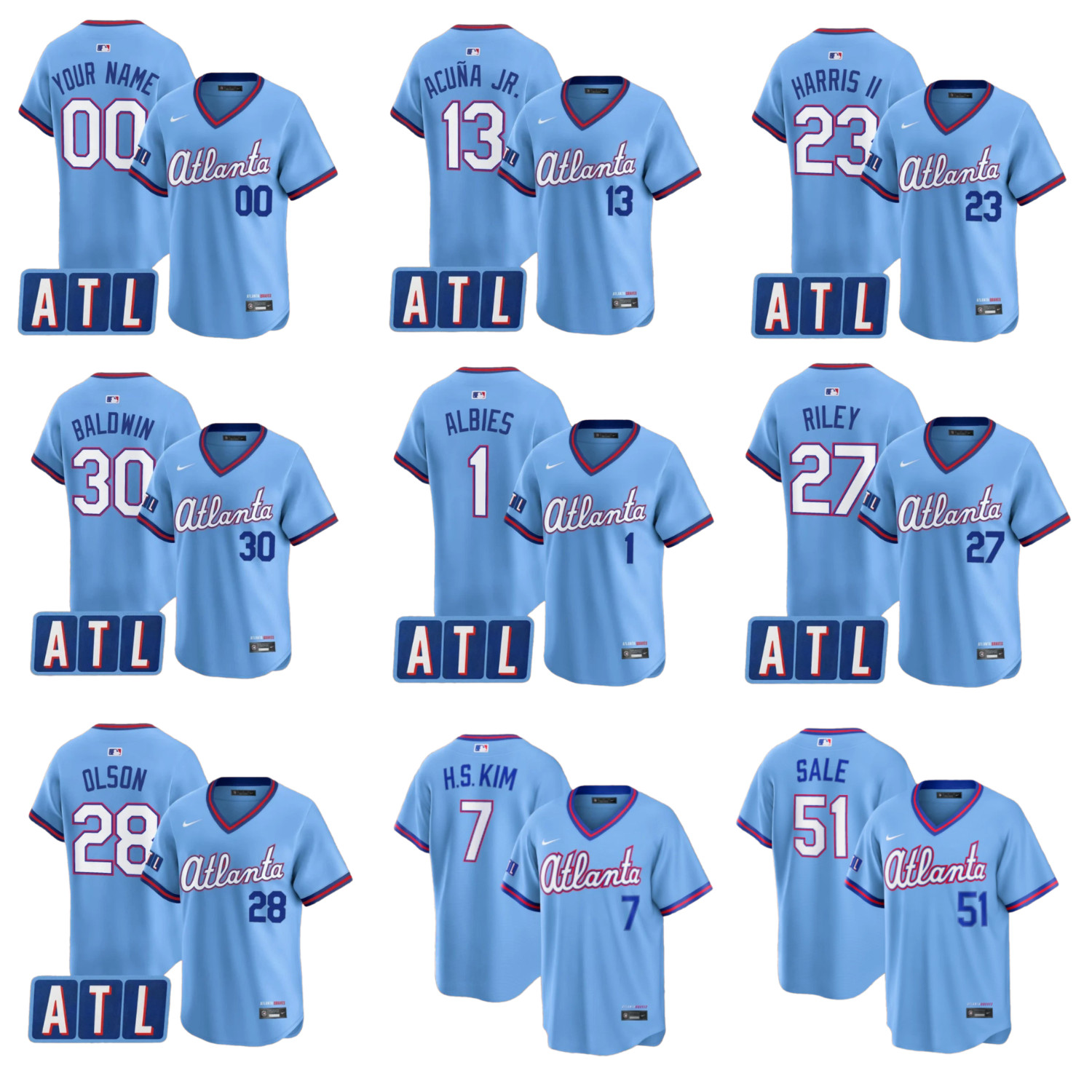 Braves Powder Blue 2026 City Connect YOUTH Stitched Jersey All Size