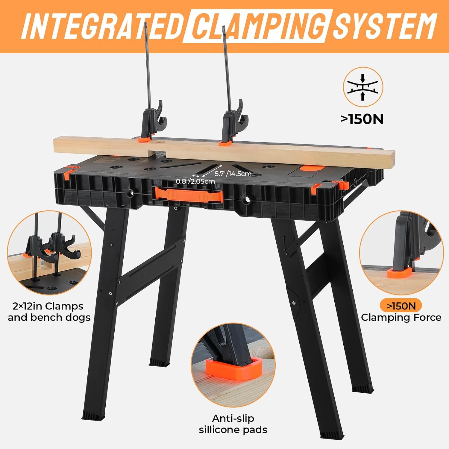 Folding Work Bench with Clamps & Power Strip - Portable Work Table 34" W x 22" D