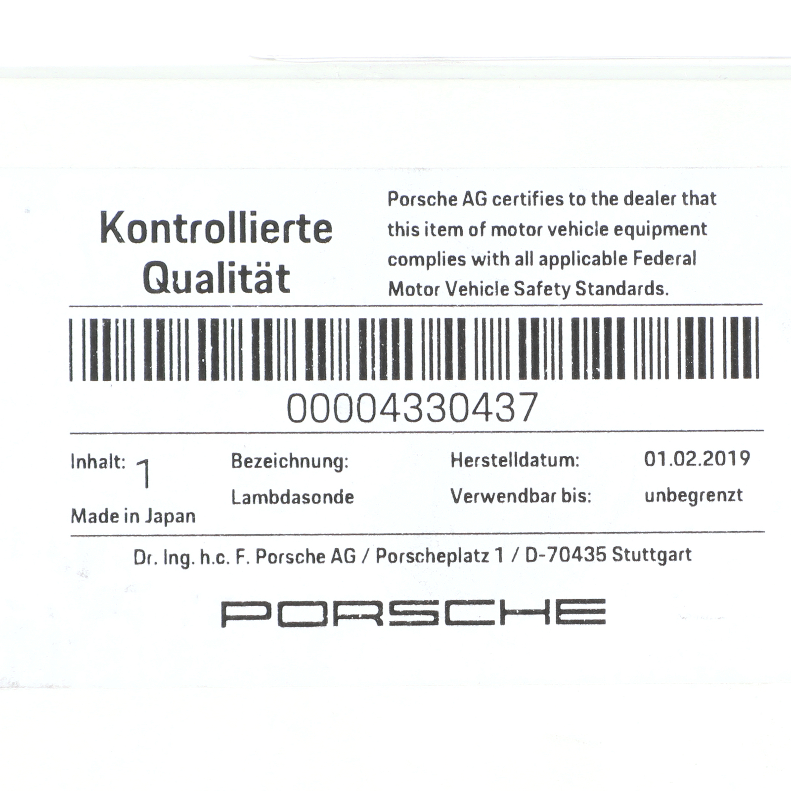 GENUINE PORSCHE Panamera 2017-21 Rear Lambda Probe Oxygen Sensor 000-043-304-37