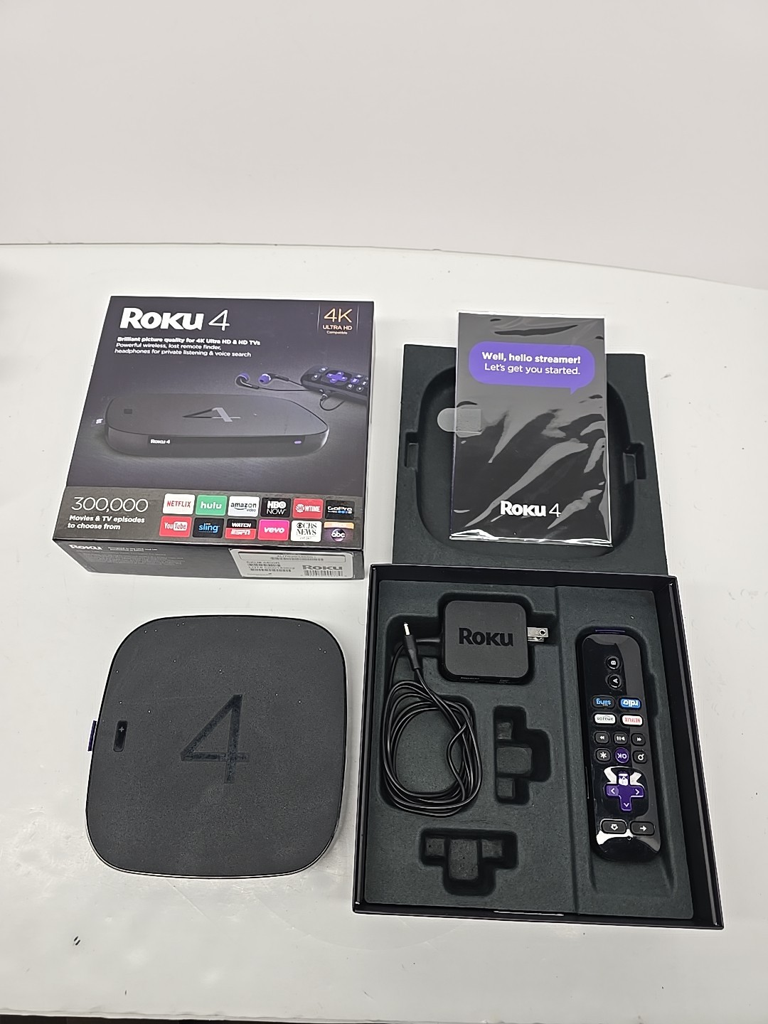 Roku 4 (Model 4400x) 4K UHD Streaming Player+Remote+Adapter (Used)
