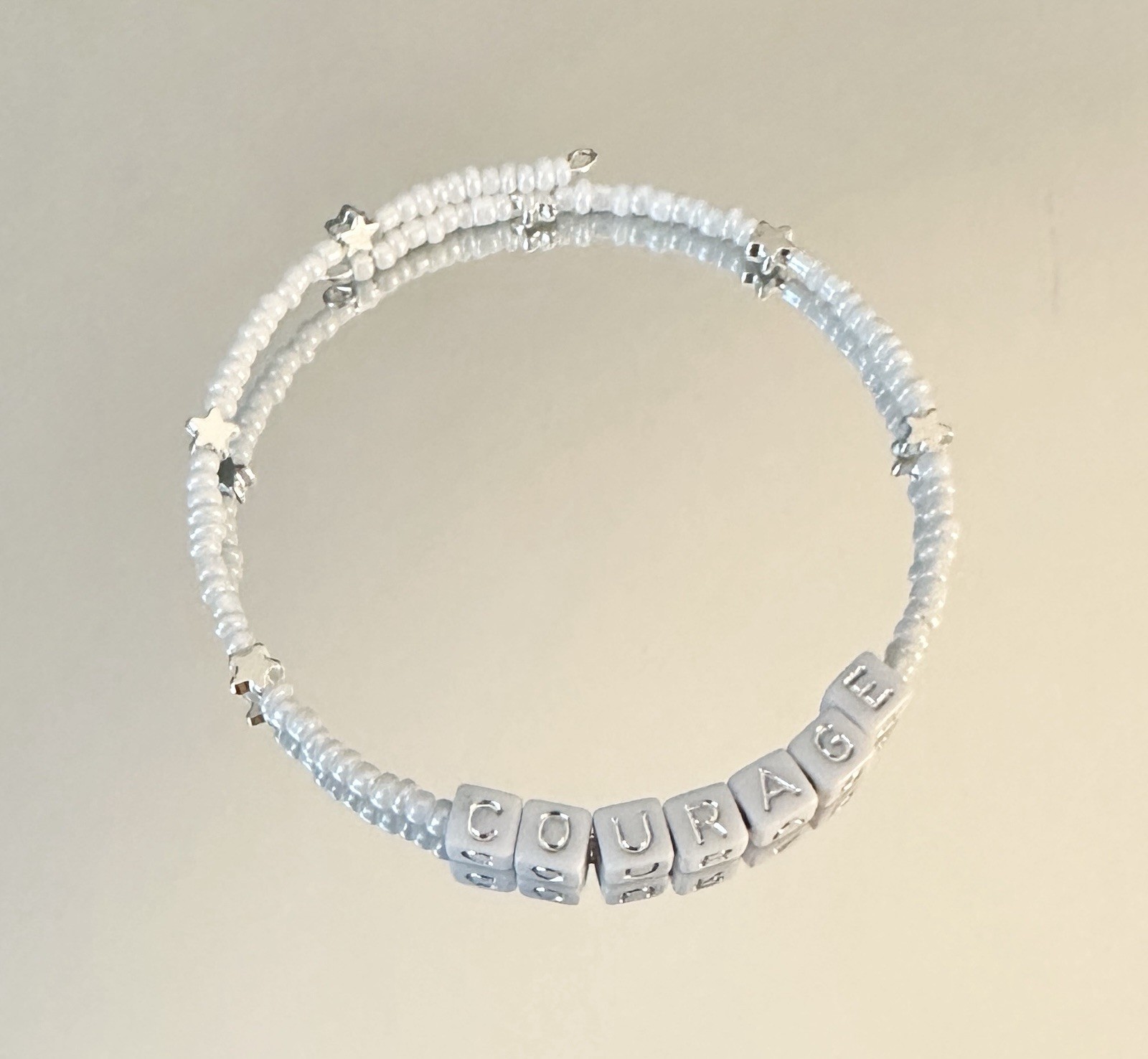 Handmade Memory Wire Seed Bead Affirmation Courage Bracelet Silver Star White