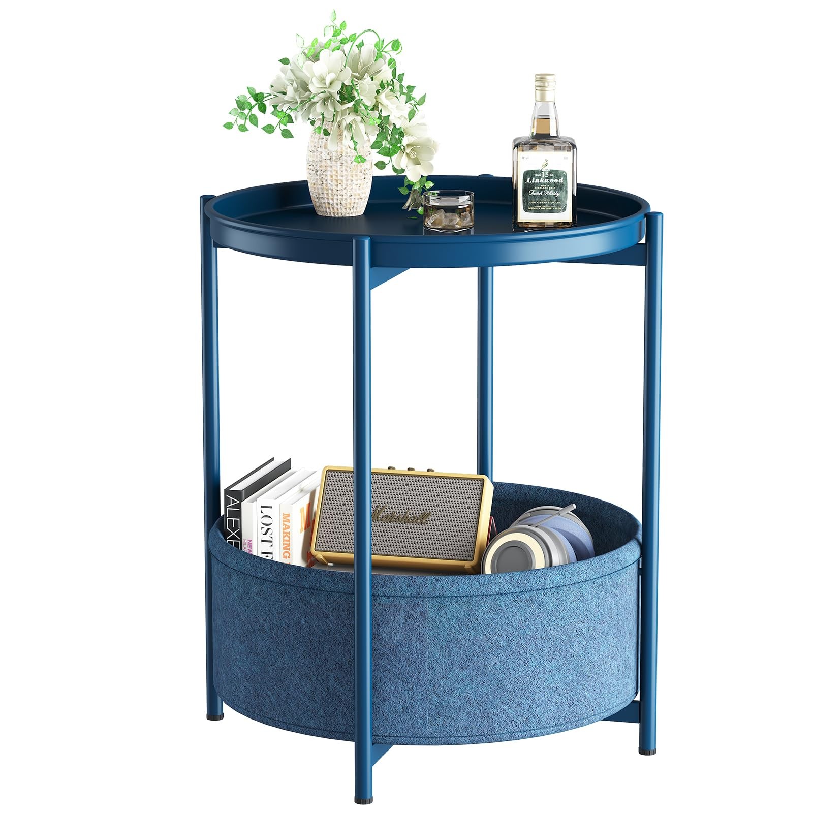 Side Table with Fabric Storage Basket, Round Metal End Table, Small Bedside T...