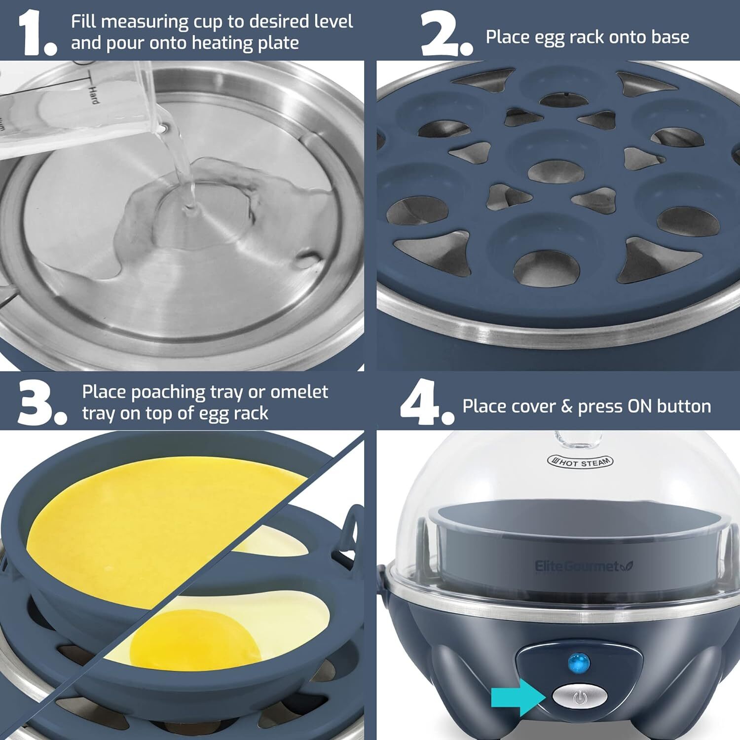 Elite Gourmet Easy Electric 7 Egg Capacity Soft, Medium, Grey Blue