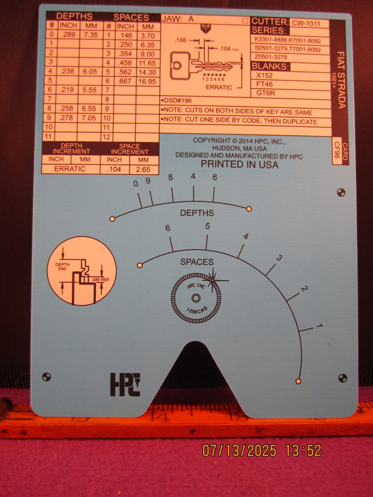 HPC 1200 BLITZ KEY CODE CARD CF 96  ( FIAT STRADA 1981 + ) BRAND NEW