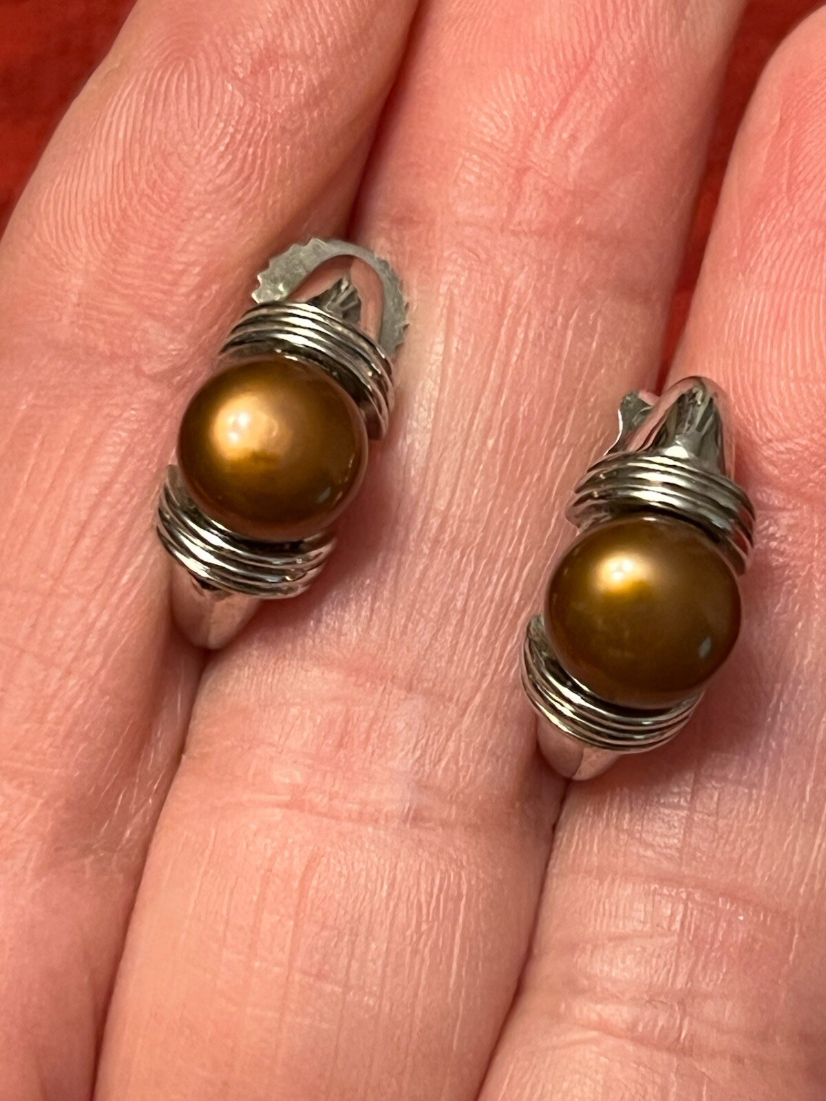 ESTATE BEAUTIFUL REAL BROWN PEARL STERLING SILVER 925 EARRINGS WELL MADE