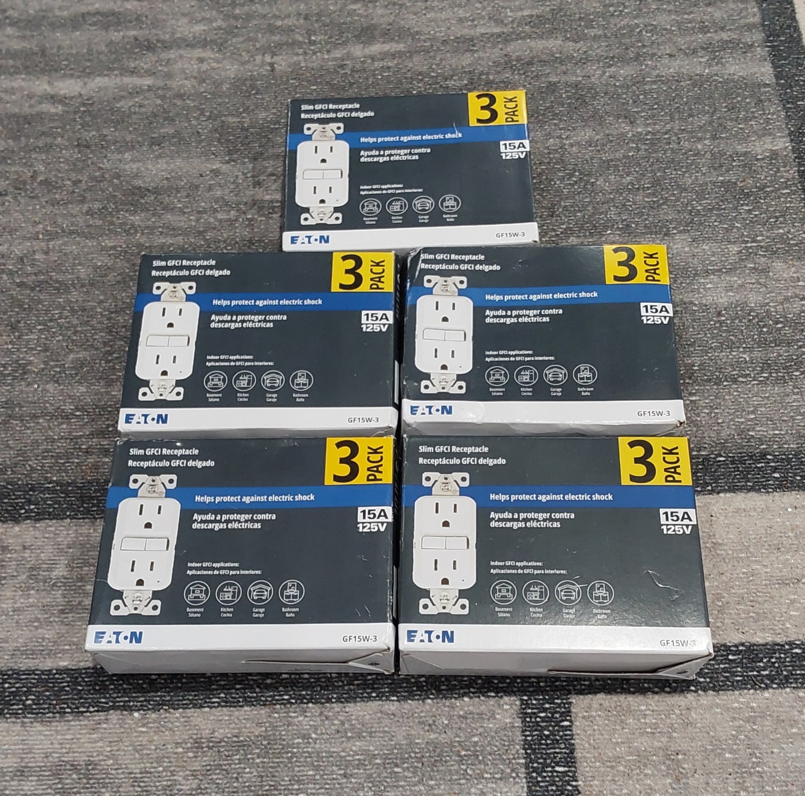 Eaton (GF15W-3) 15A 125V Slim GFCI Receptacle LOT OF 5 White, 3-Pack NEW i1***