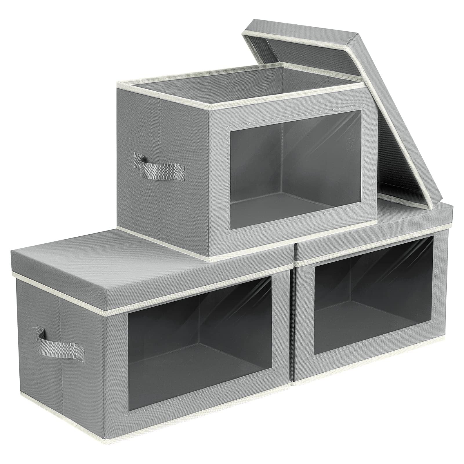 Foldable Storage Bins with Handles, Window, 3~Pack, Grey