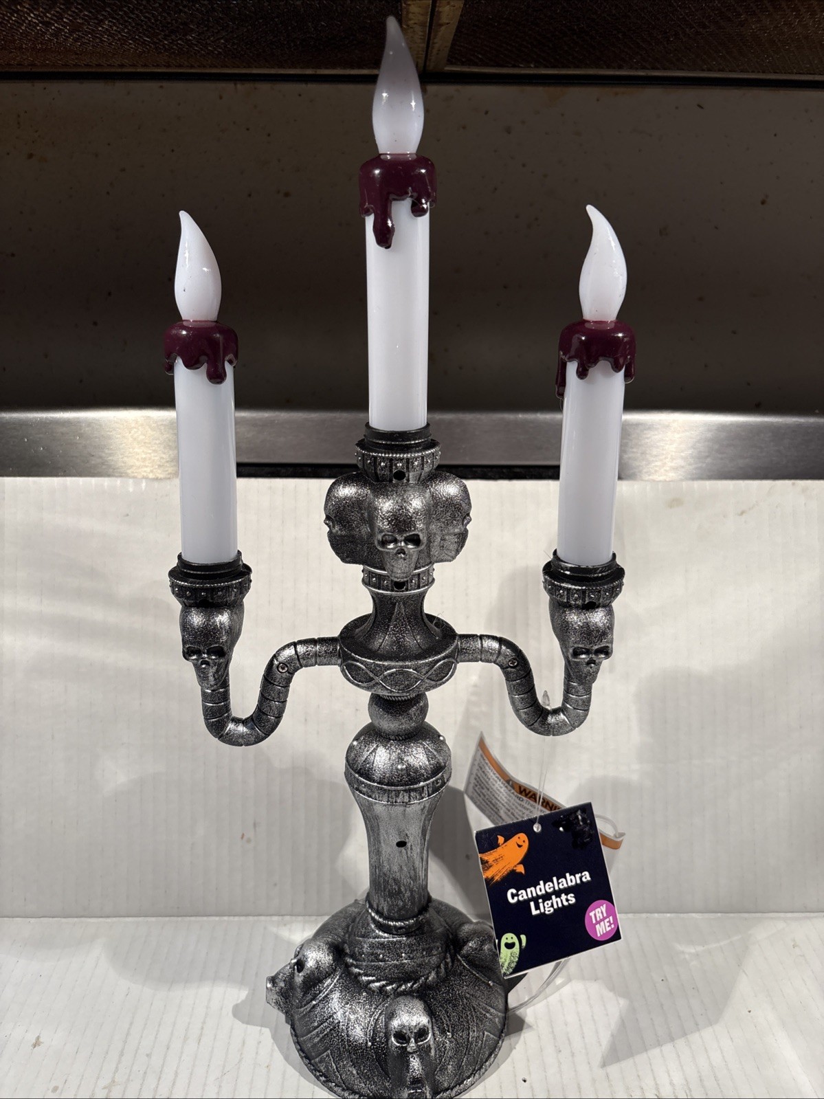 Candelabra Halloween Gothic Skull Battery Operated Flickering Flames Silver NWT
