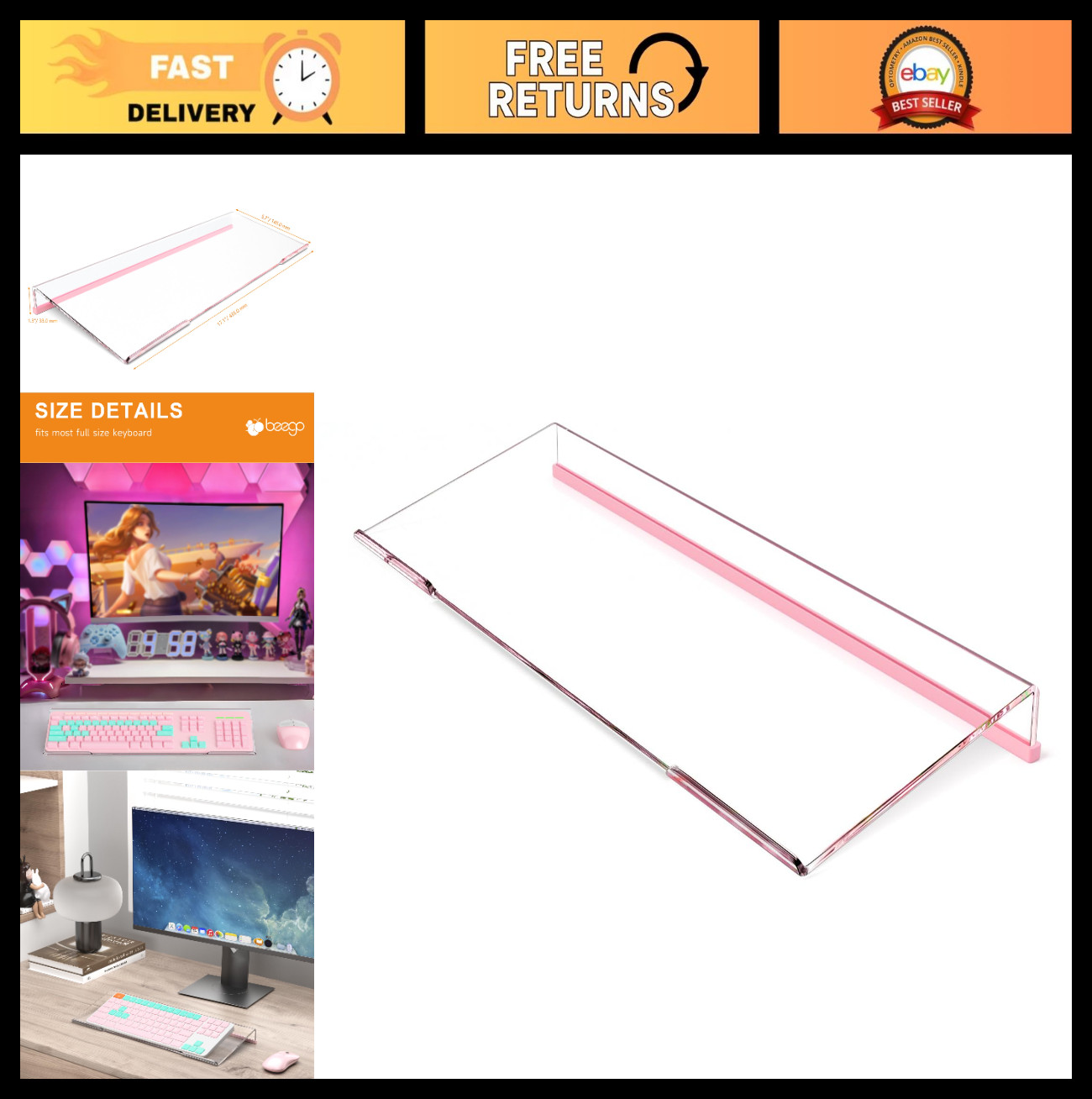 Ergonomic Acrylic Keyboard Stand - Tilted Riser with Non-Slip Strip for Home Off