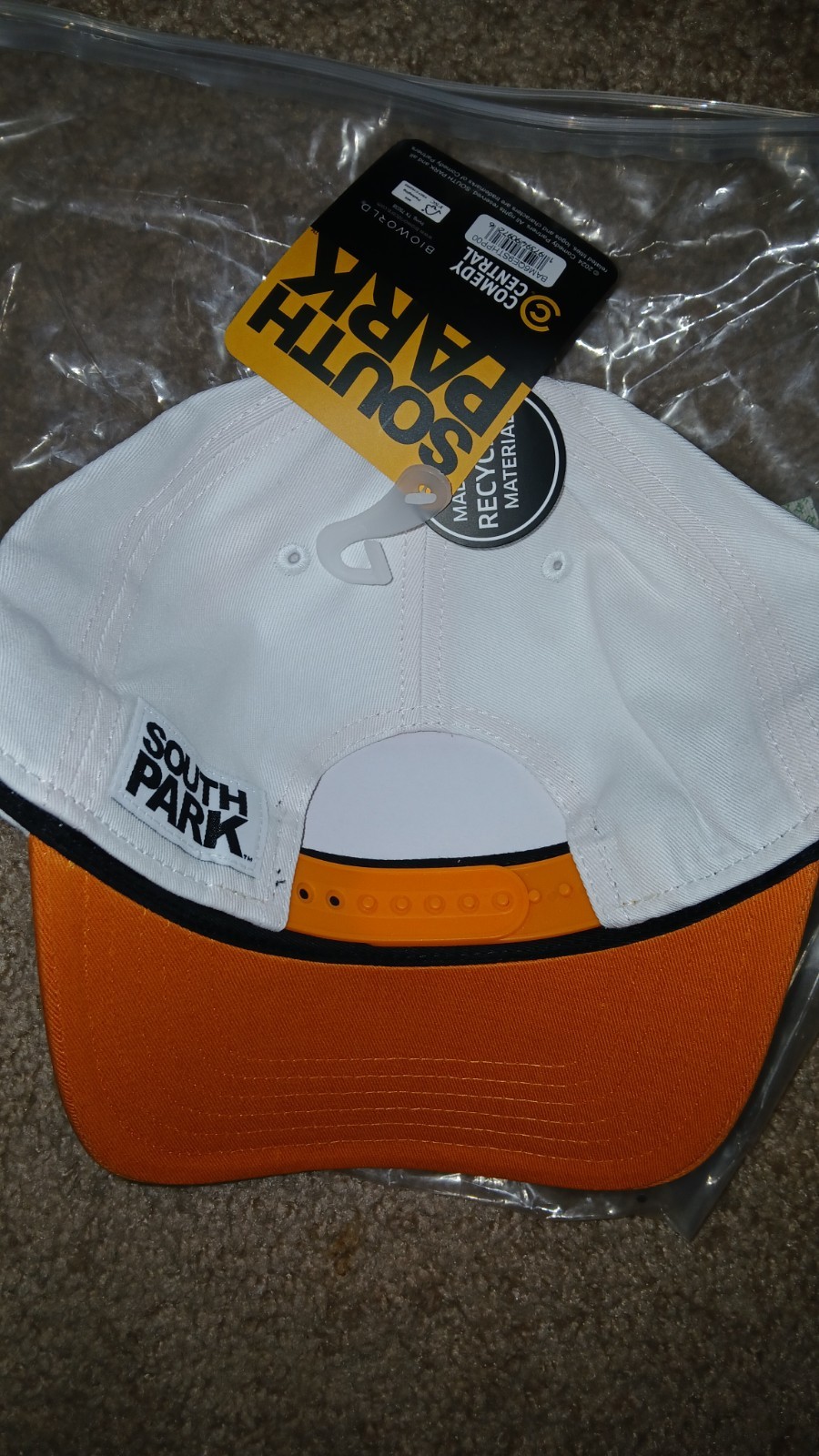SOUTH PARK-RAISINS-EMBROIDERED HAT-PINBACK ADJUSTABLE-NEW/TAGS-WHITE/ORANGE