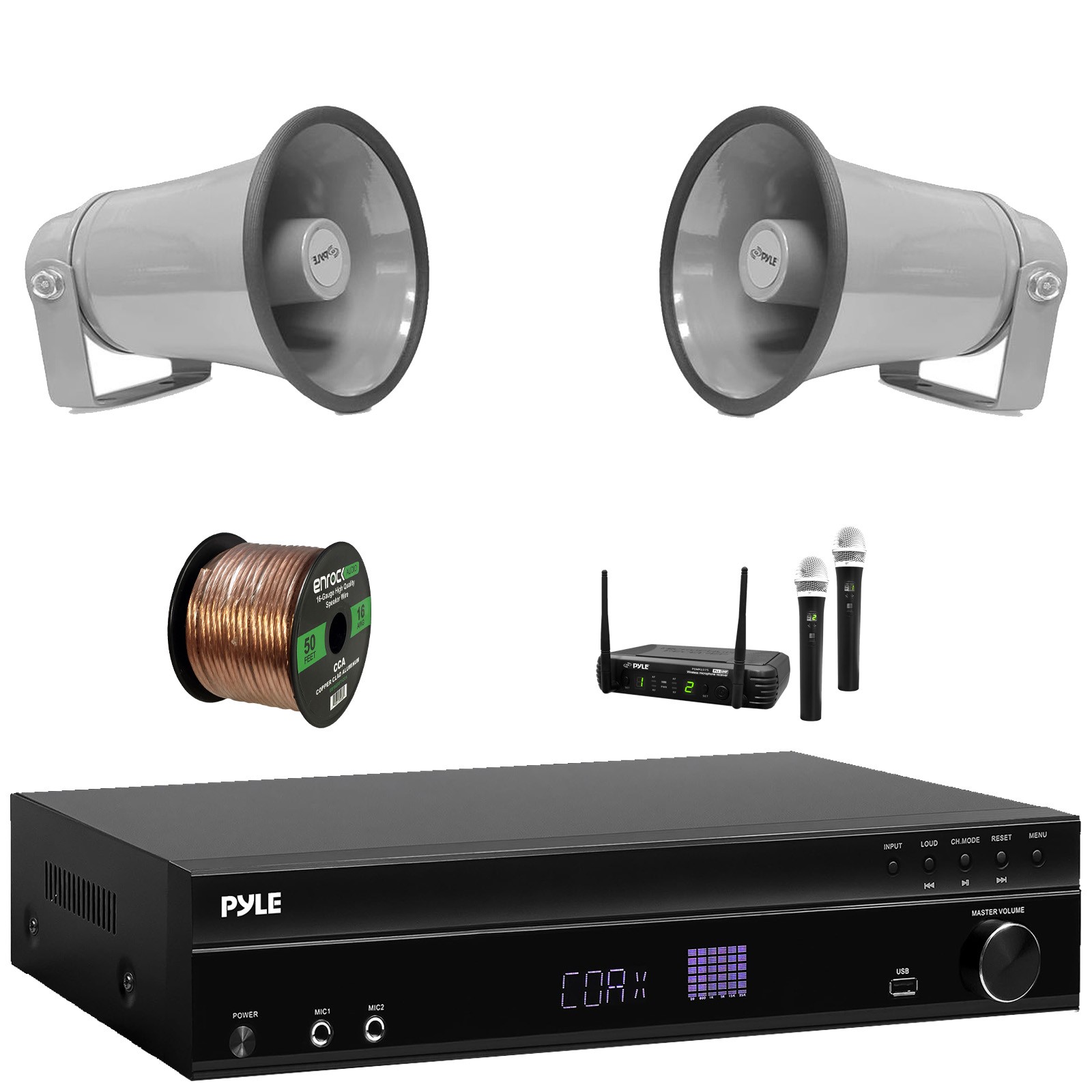 Pyle 5.2 Channel Audio Receiver, 2x 8.1'' 50W Max Gray PA Horn Speakers + Mic