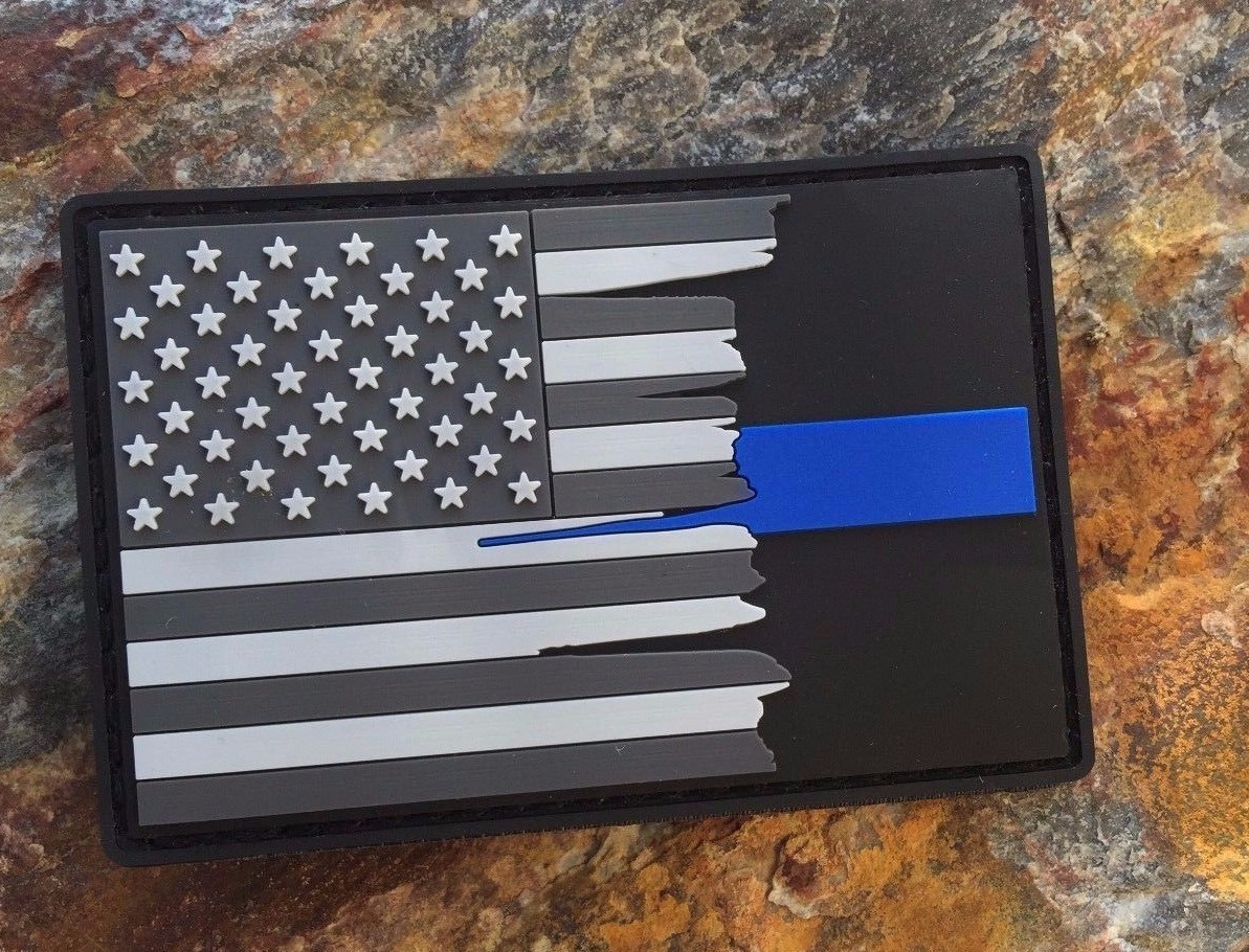Subdued Tattered American Flag Thin Blue Line PVC Patch, Law Enforcement
