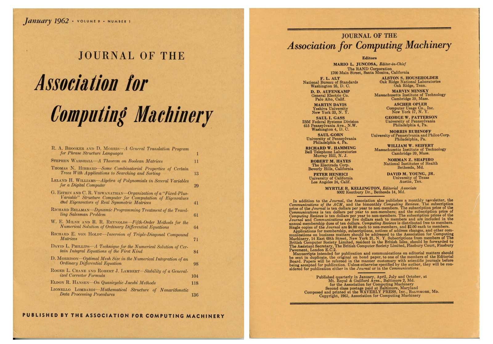 Vintage January 1962 Journal of the Association of Computing Machinery (ACM)