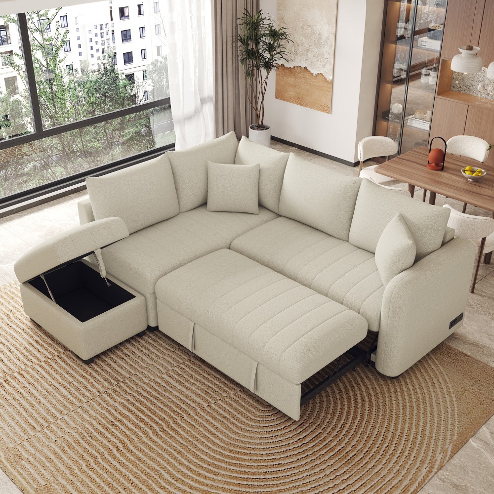 82.6" L-Shaped Sleeper Sofa Bed, Pull-Out, USB/Power, Storage Ottoman