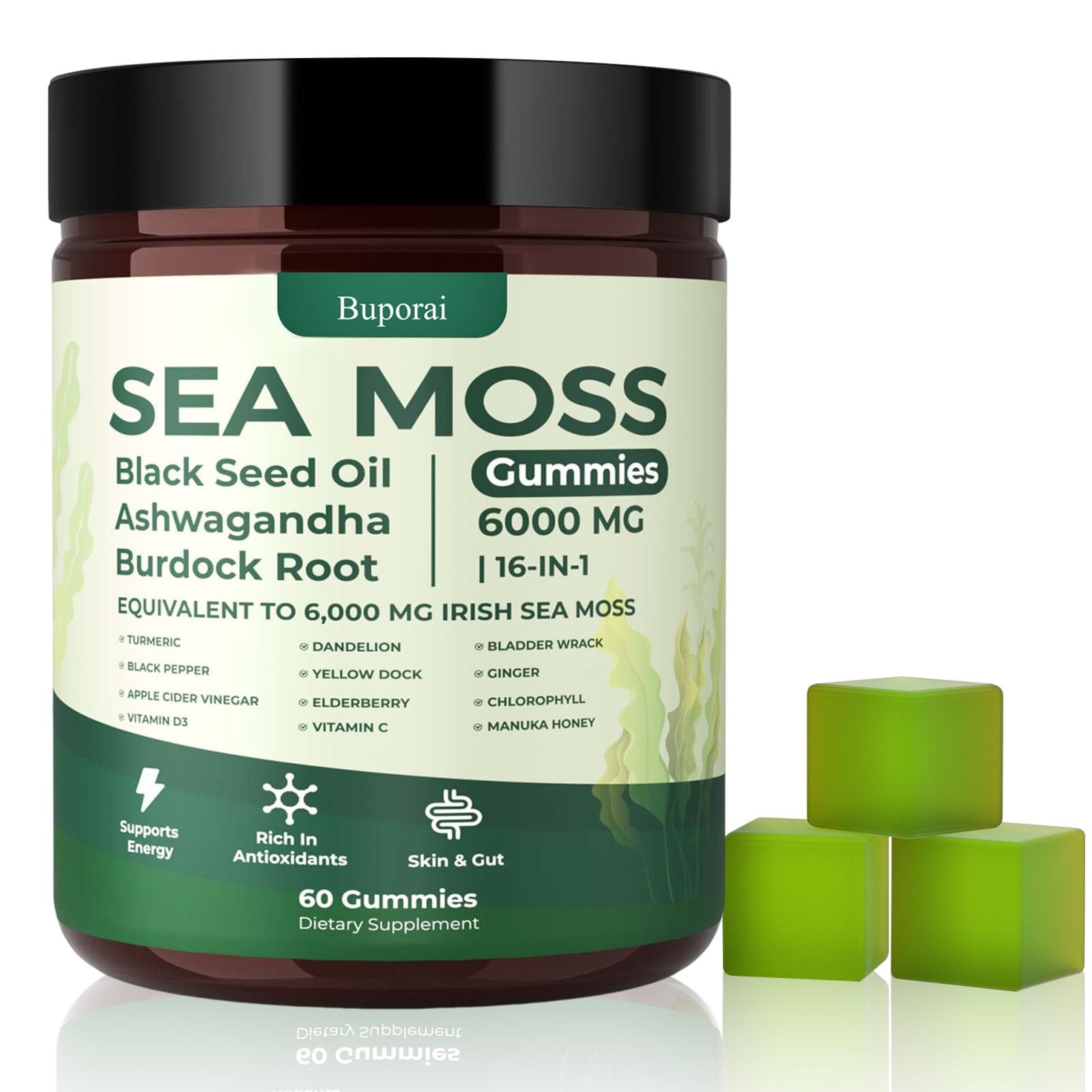 Buporai Sea Moss Gummies 16-1, Black Seed Oil Ashwagandha Turmeric Bladder Wrack