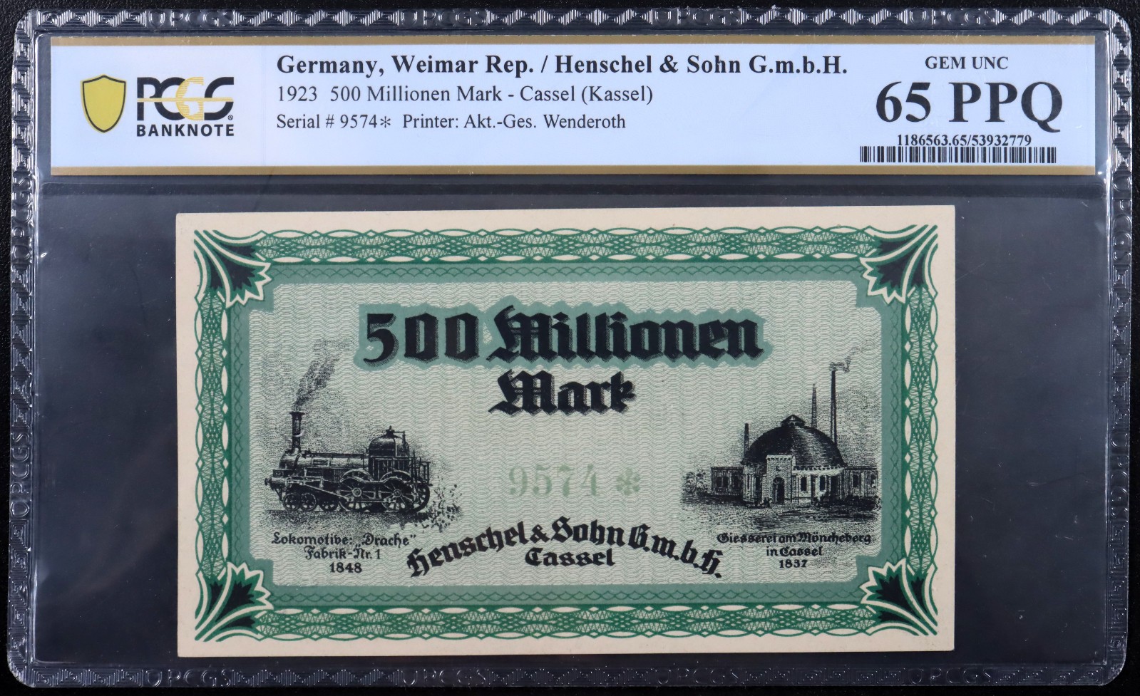 CASSEL / KASSEL 1923 "Henschel & Sohn" 500 Million Mark PCGS CHOICE UNC 65 Train