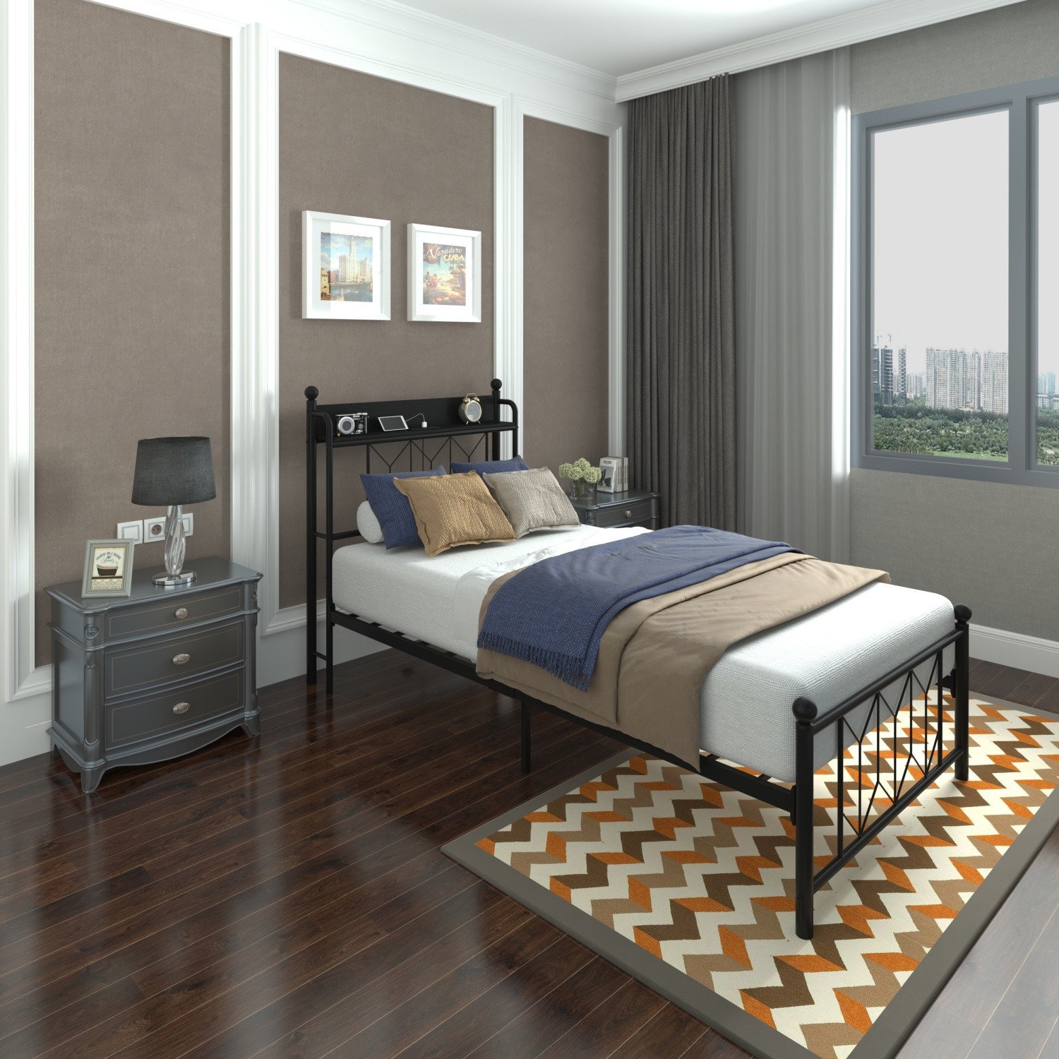 Twin Size Bed Frame Metal Platform Bed w/ Headboard & USB Ports & LED Lights