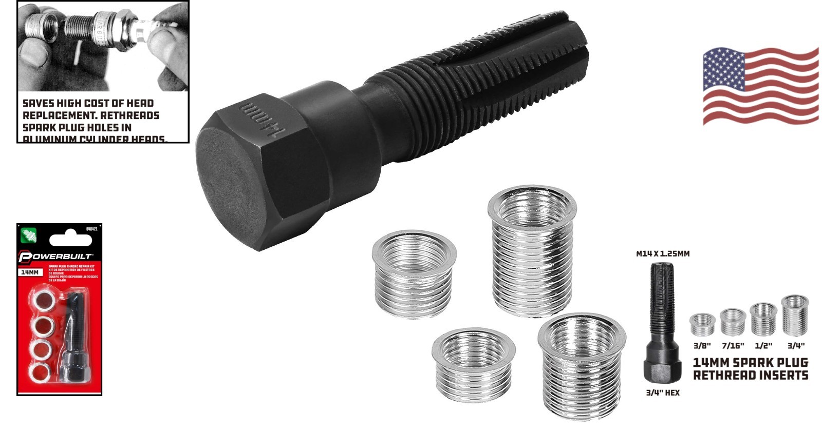 Repair Damaged Spark Plug Threads with 14mm Kit - Tap & 4 Inserts Included
