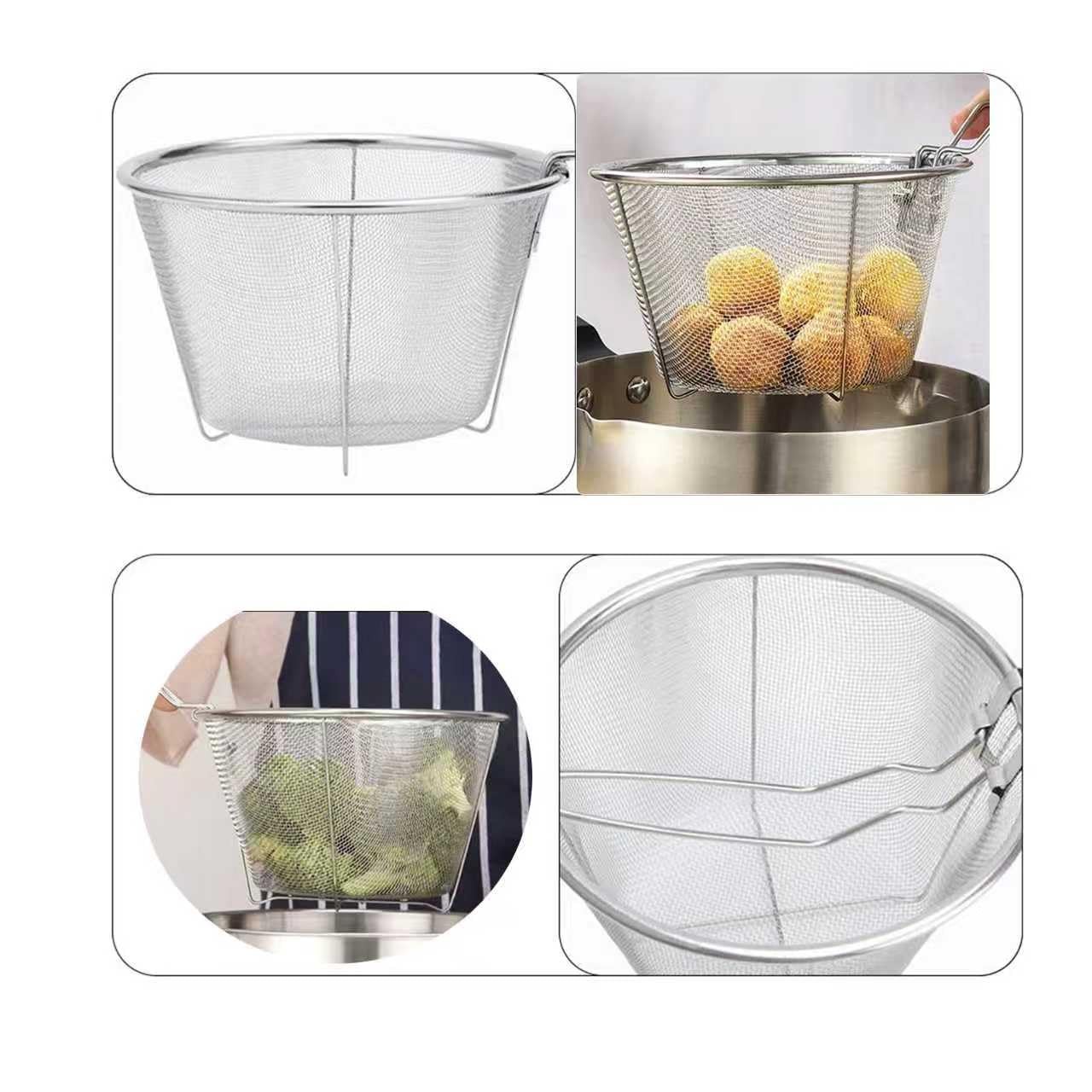 7Inch Round Stainless Steel Deep Fryer Basket，Features a Foldable Handle for ...