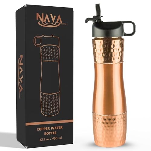Pure Copper Water Bottle For Drinking Water with Straw and Sports Lid 33.5oz ...