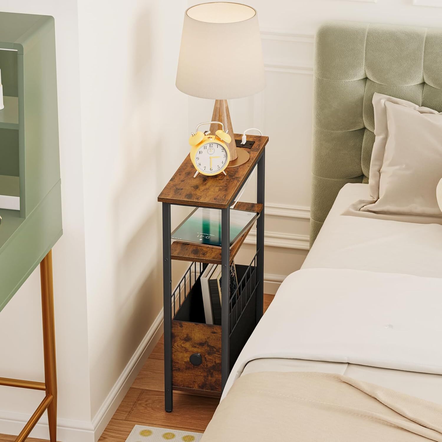 Snughome Narrow Side Table with Charging Station, Slim End Rustic Brown