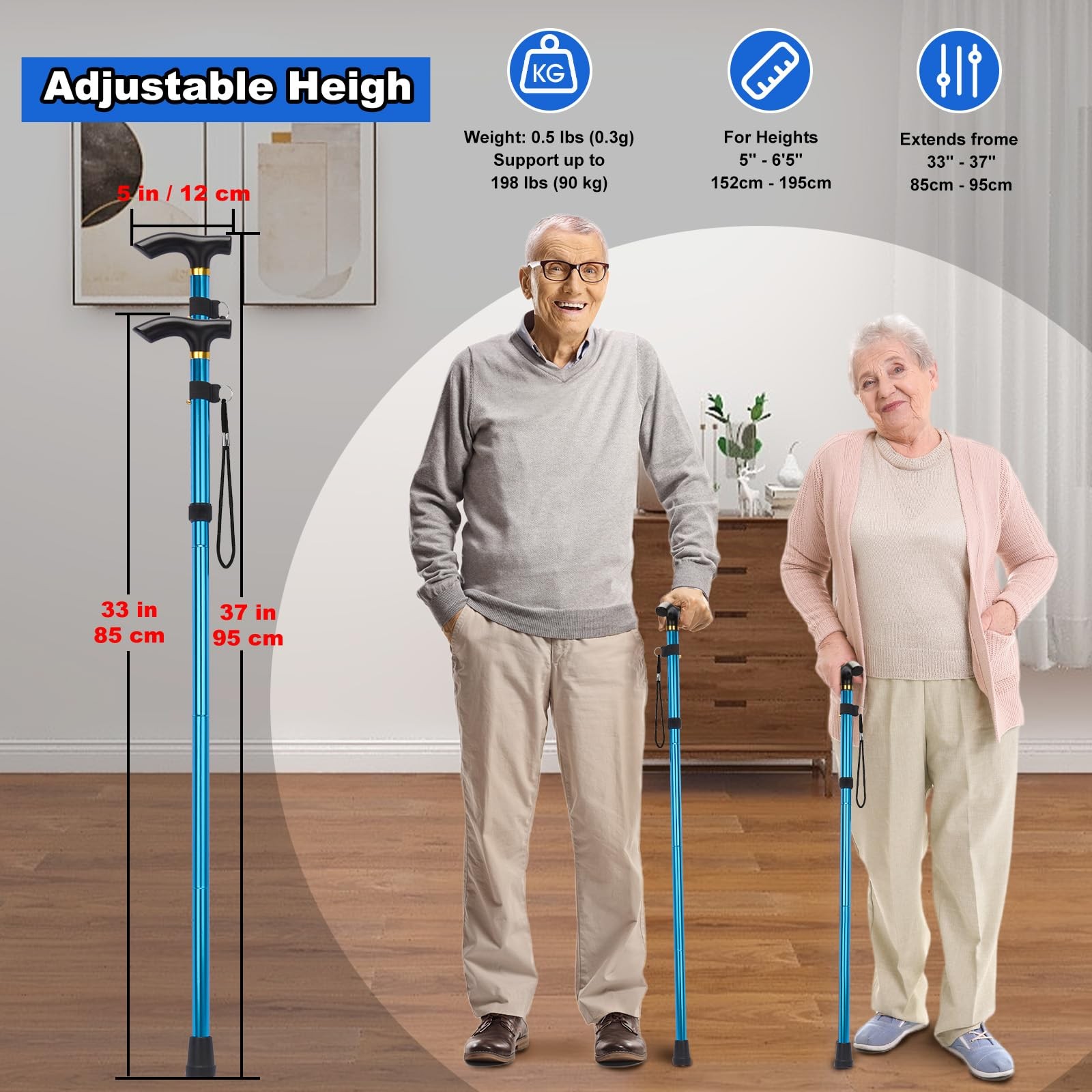 MFE Folding Cane, Portable 5-Level Adjustable Height Walking Stick with Blue