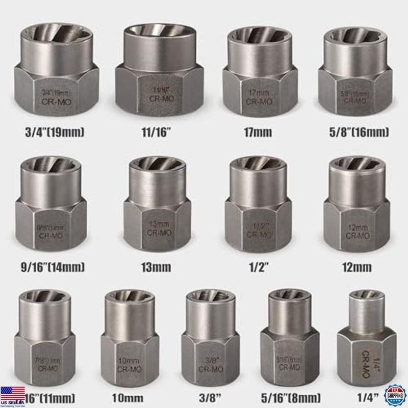 REXBETI 13+1 Piece Impact Bolt & Nut Extractor Set with Durable Storage Case