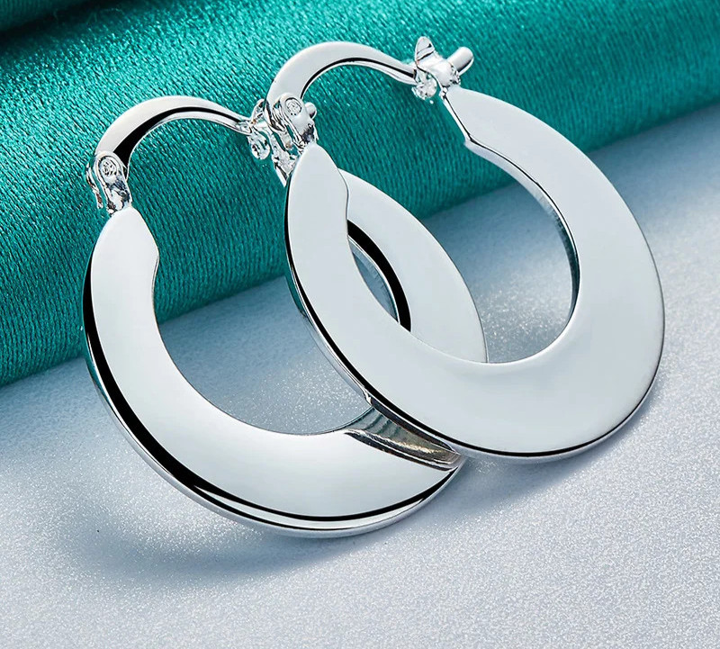 925 Sterling Silver 25mm Smooth Flat Hoop Earrings for Women Party Jewelry Gift