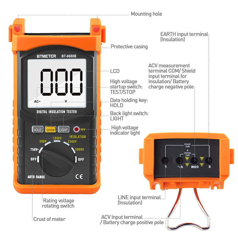 Digital 5000V Insulation Tester Megohmmeter,200GΩ,Auto-Ranging, AC Voltage Test