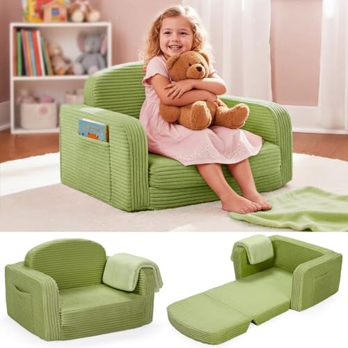 2 in 1 Convertible Kids Couch - Corduroy Fold Out Kids Sofa Chair Medium Green