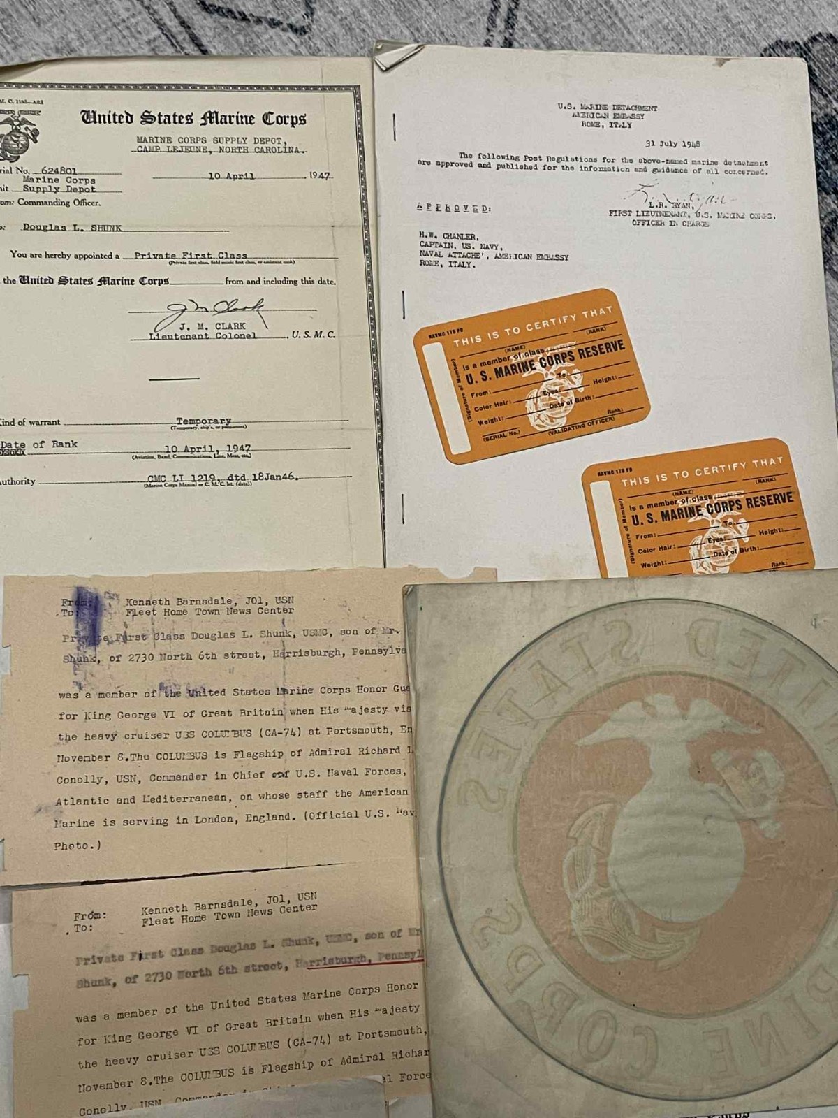 DOCUMENT GROUPING WW2 WWII to Korea USMC US Marine Corps DE Shunk - 3rd Brigade