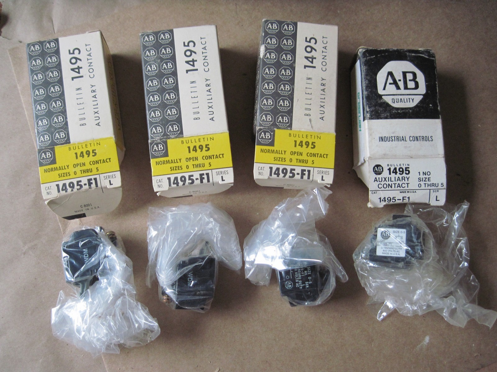 Lot of 4 Allen-Bradley 1495-F1 Series L Auxiliary Contacts, Sizes 0 to 5, NOS