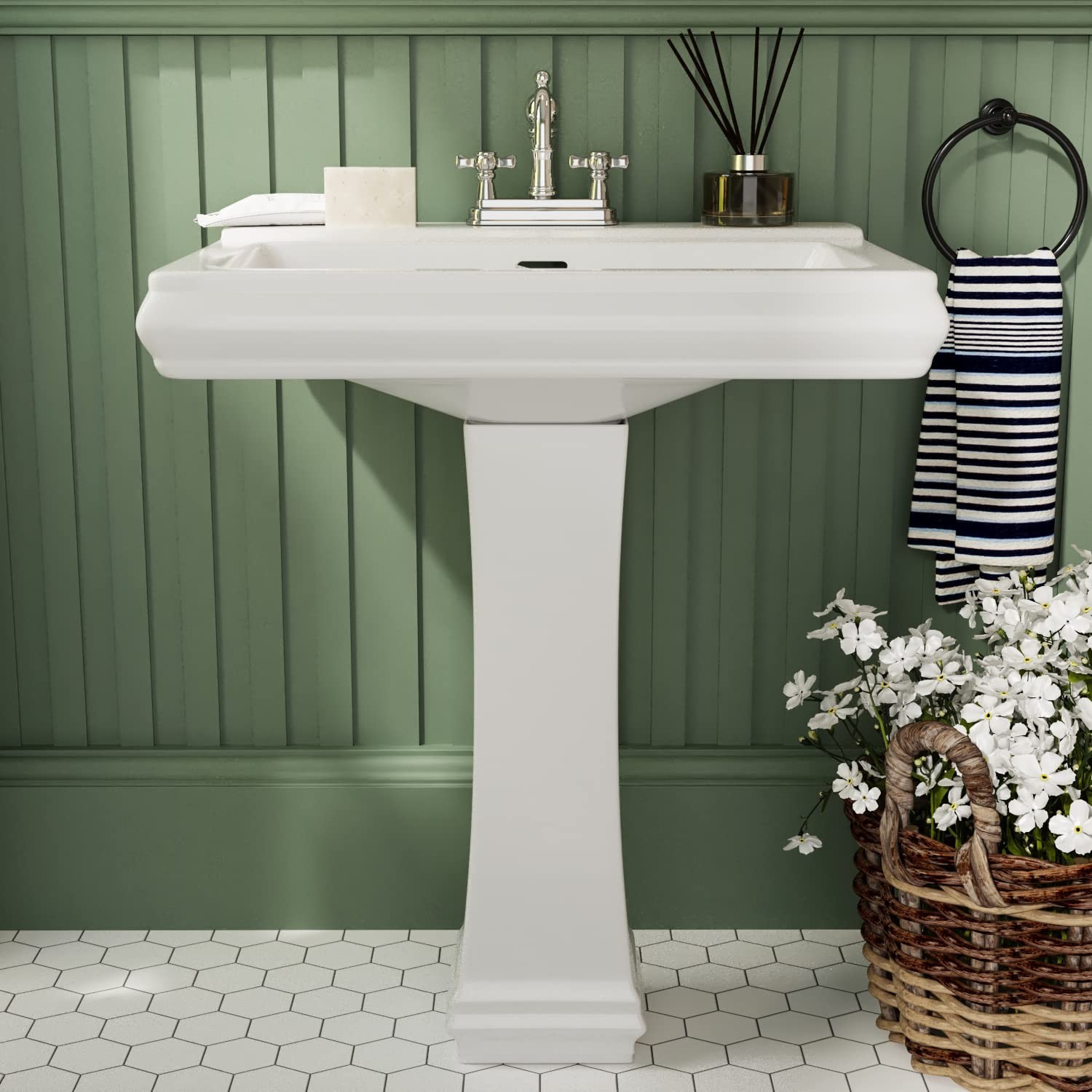 26x20 Inch White Ceramic Pedestal Bathroom Sink with 3 Faucet Holes at 4-inch...