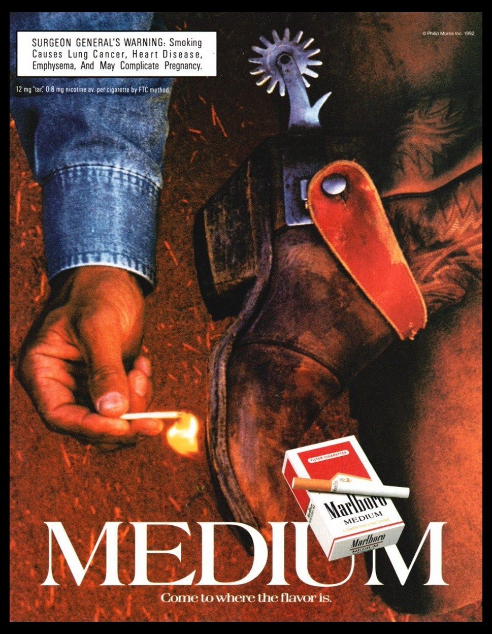 1992 Marlboro Medium-Cowboy Boots spurs-Vintage print ad /mini poster-Cigarettes