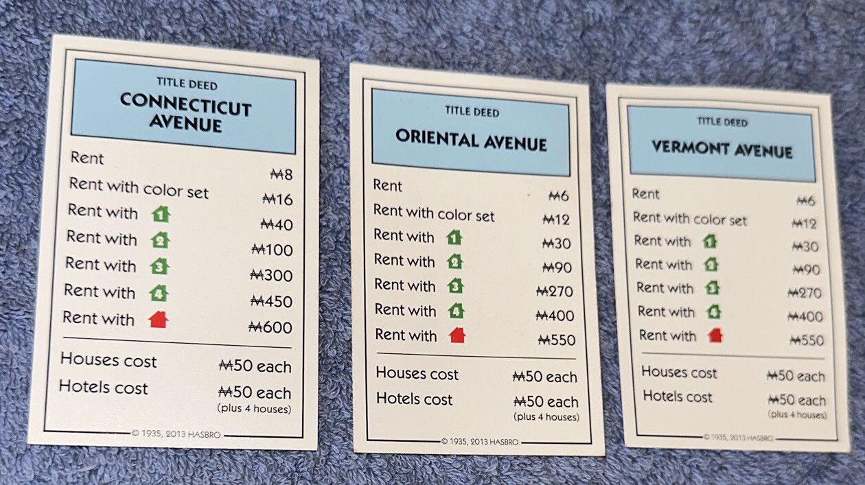 2013 Hasbro Monopoly Replacement Piece 3 Lt. Blue Property Cards