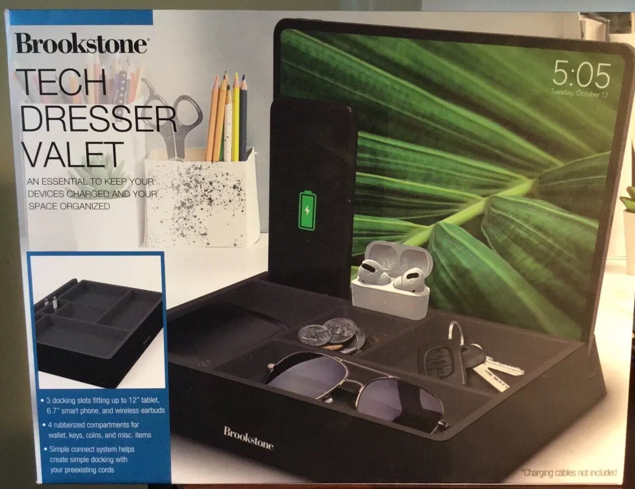 Brookstone Tech Dresser Valet Brand New For Tablet, Phone, Coins, Keys And More.