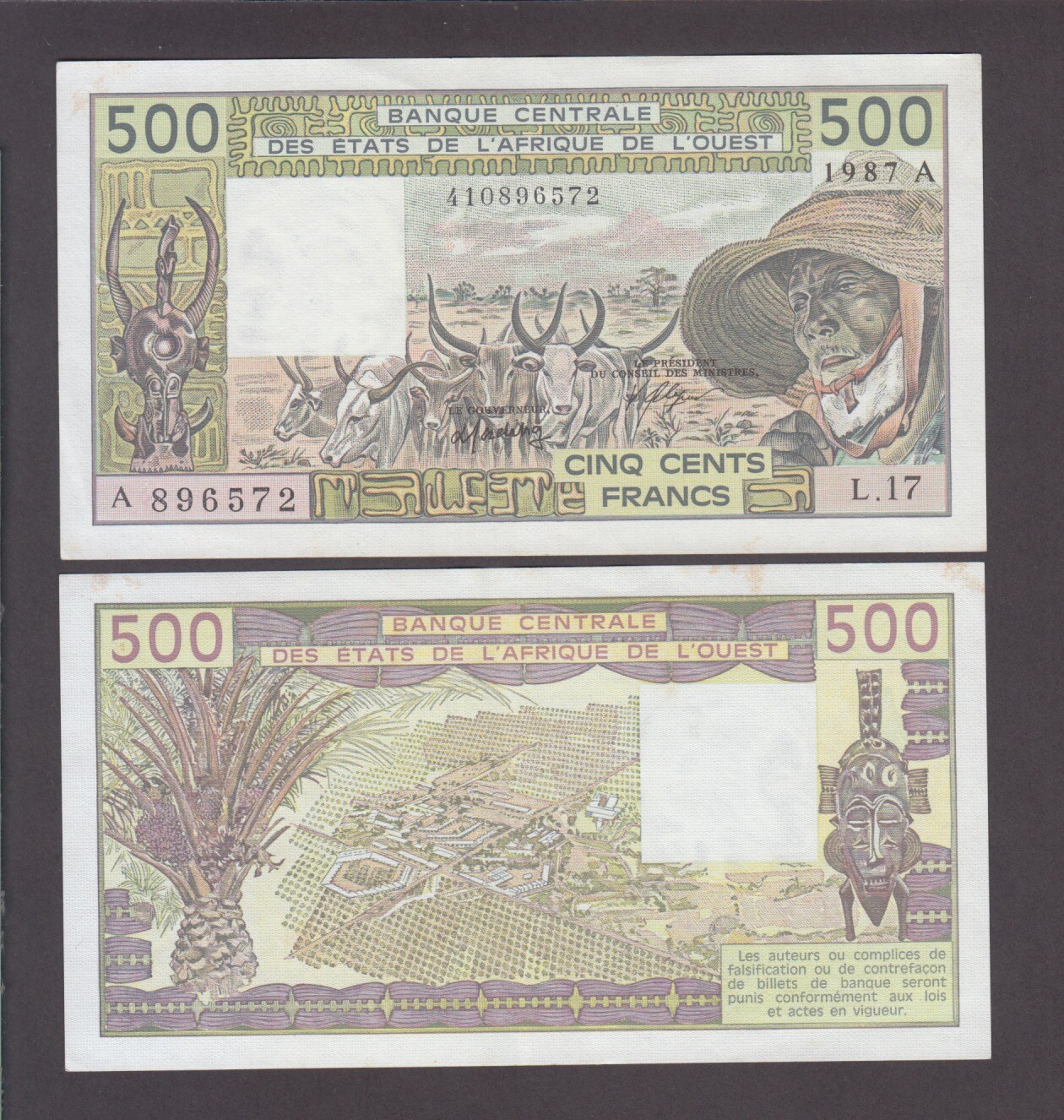 WEST AFRICAN STATES P.106Ah  500 FRANCS 1987 A VERY FINE-EXTREMELY FINE