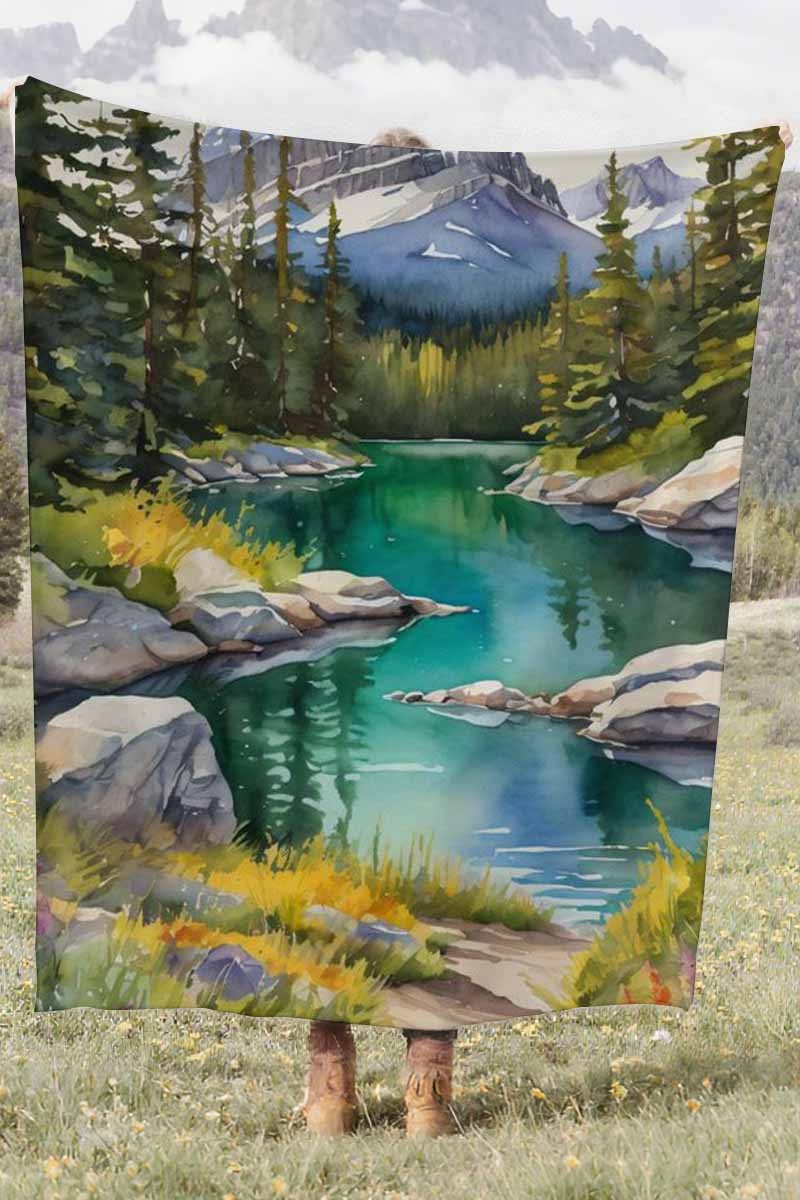 Watercolor Mountain Lake Coral Fleece Cozy Throw Blanket Rustic Stunning