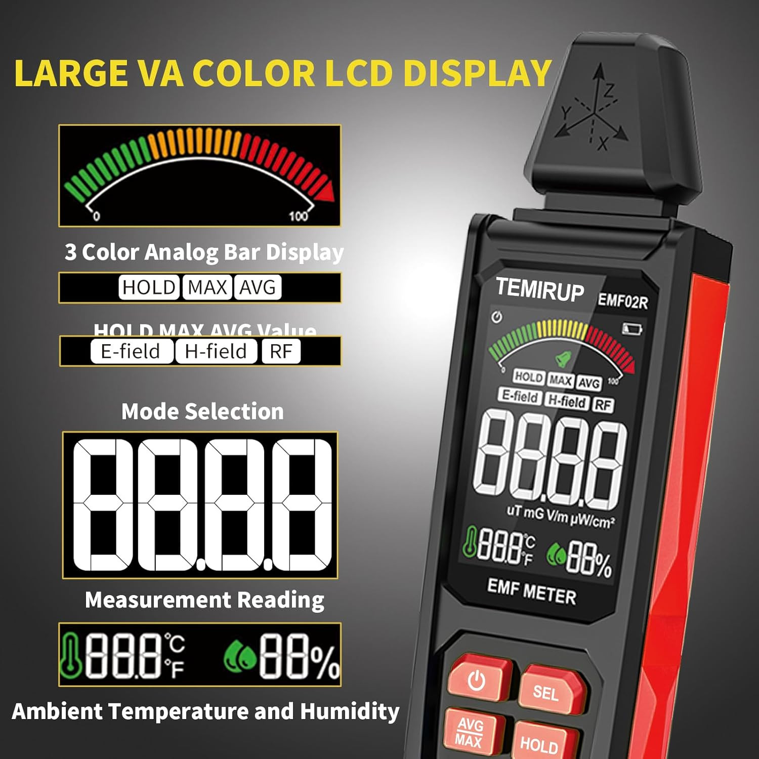 EMF Detector, TEMIRUP 5 in 1 Handheld EMF Meter Radiation Detector, Detects EF,