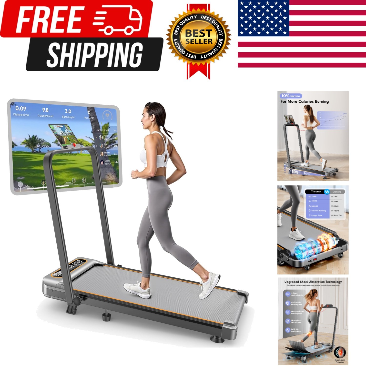 Foldable Treadmill with 10% Incline, Upgrade 3.5HP Low Noise Walking Pad Trea...