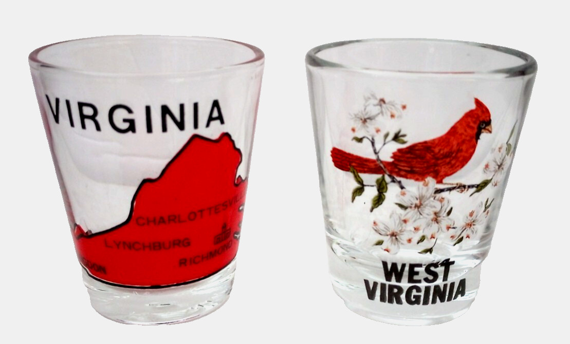 Virginia & West Virginia Shot Glasses - 2 Souvenir Shot Glasses - Very Good
