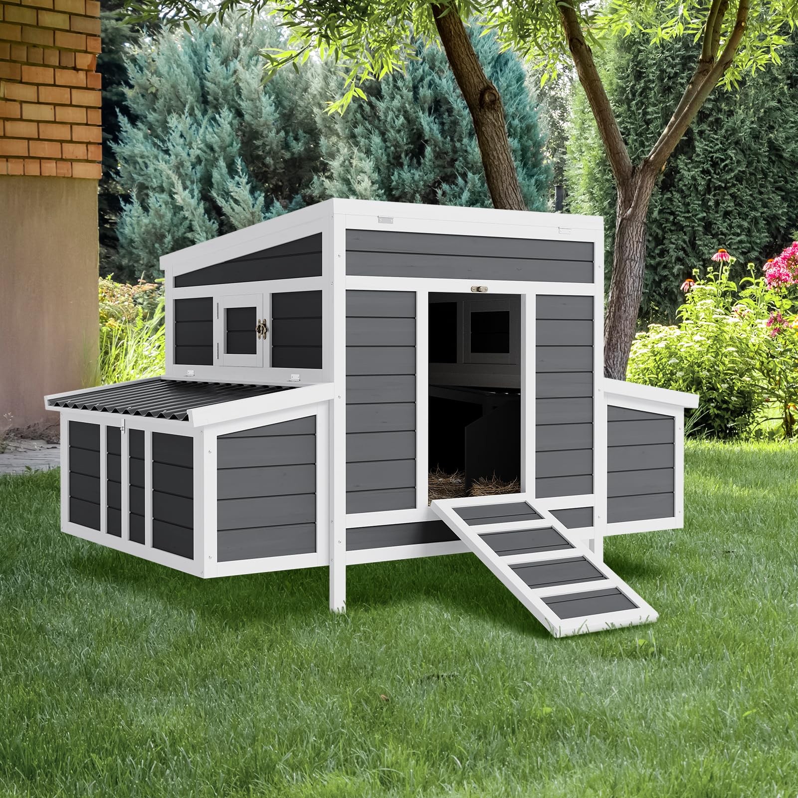 55" Chicken Coop 4-6 Chickens Dual Nesting Boxes Waterproof, Lockable Ventilated