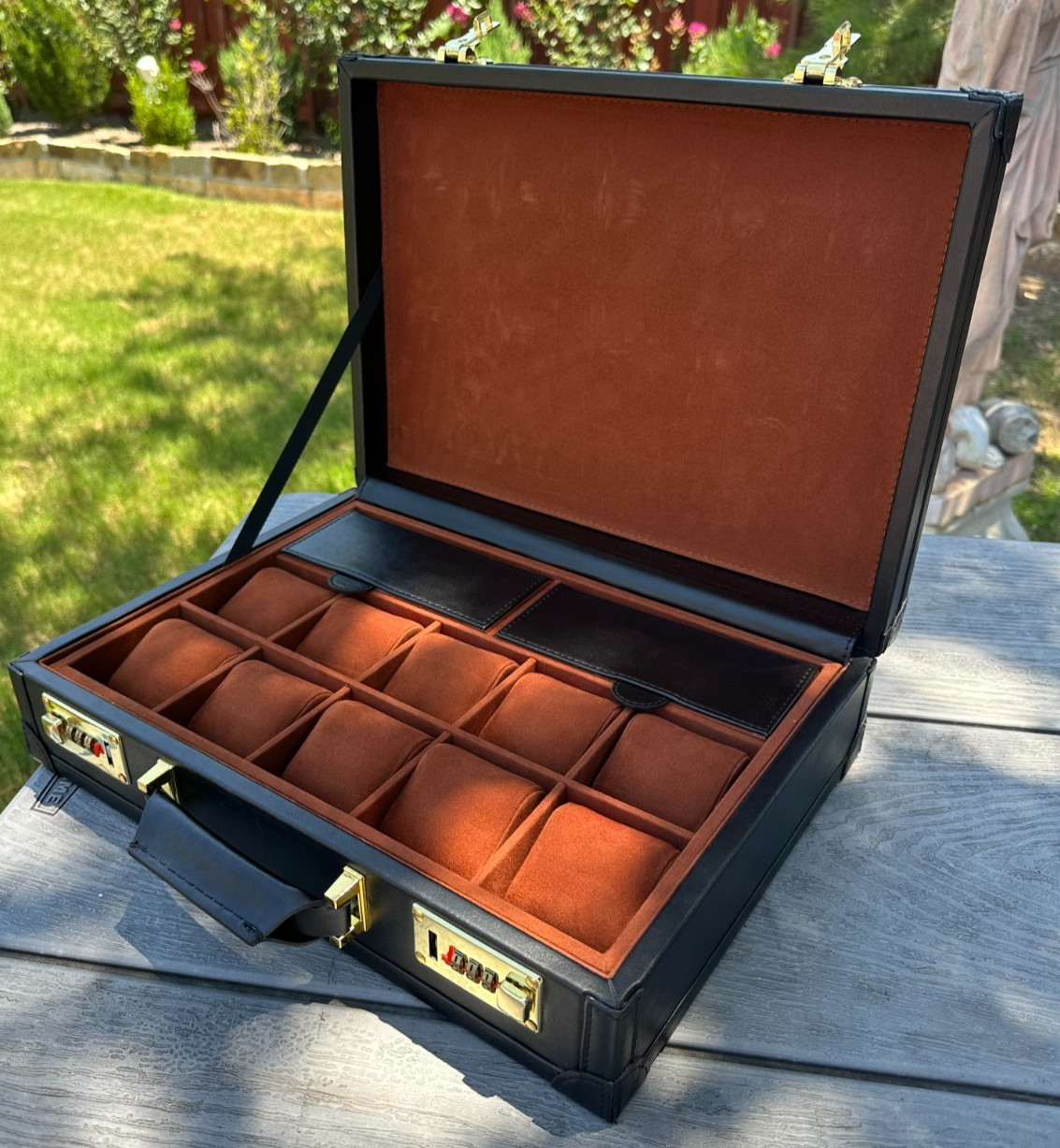 10 Slot Watch Case Display Box Lockable Black PU Leather Storage Organizer Grid