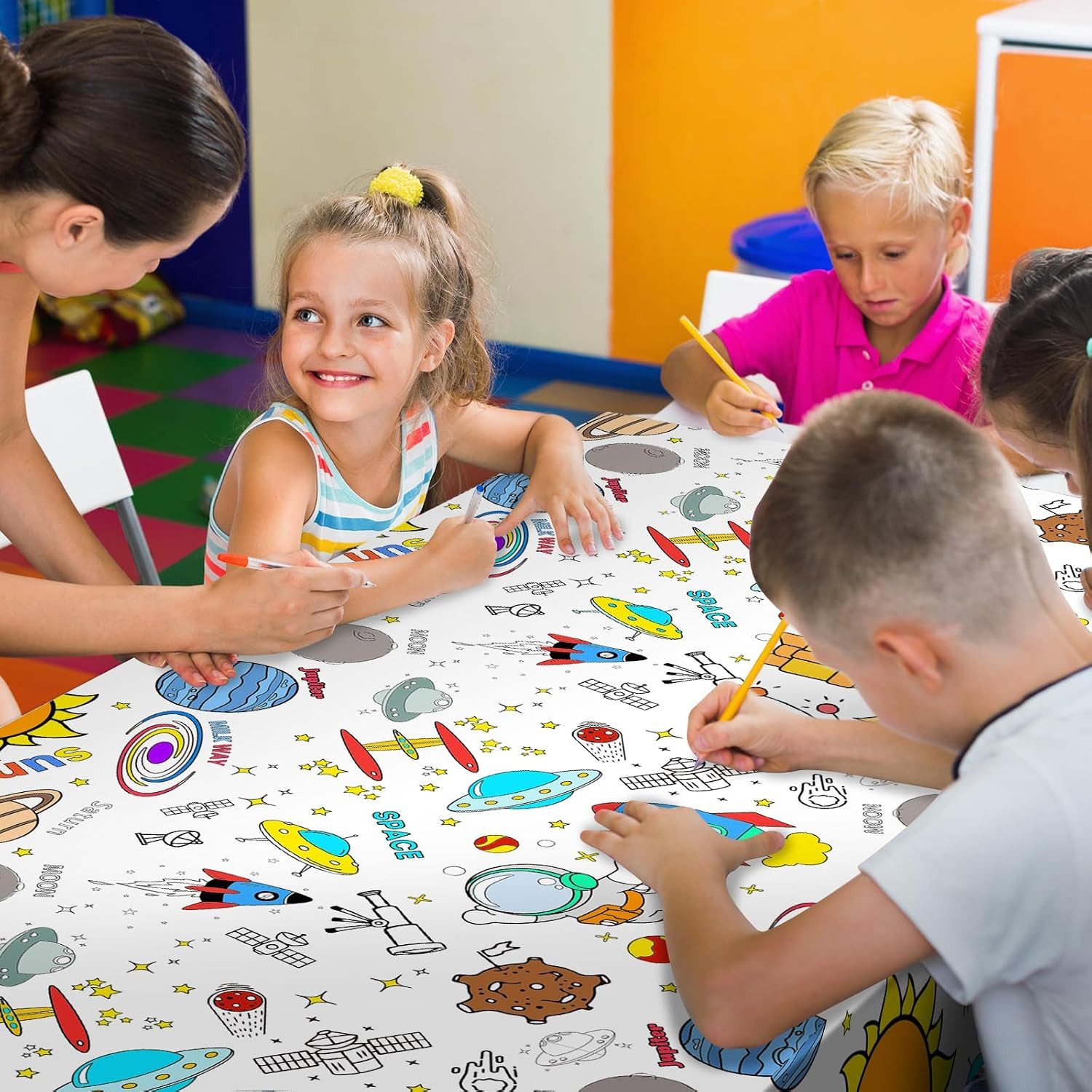 Giant Outer Space Coloring Tablecloth for Kids - Solar System Universe Paper Tab