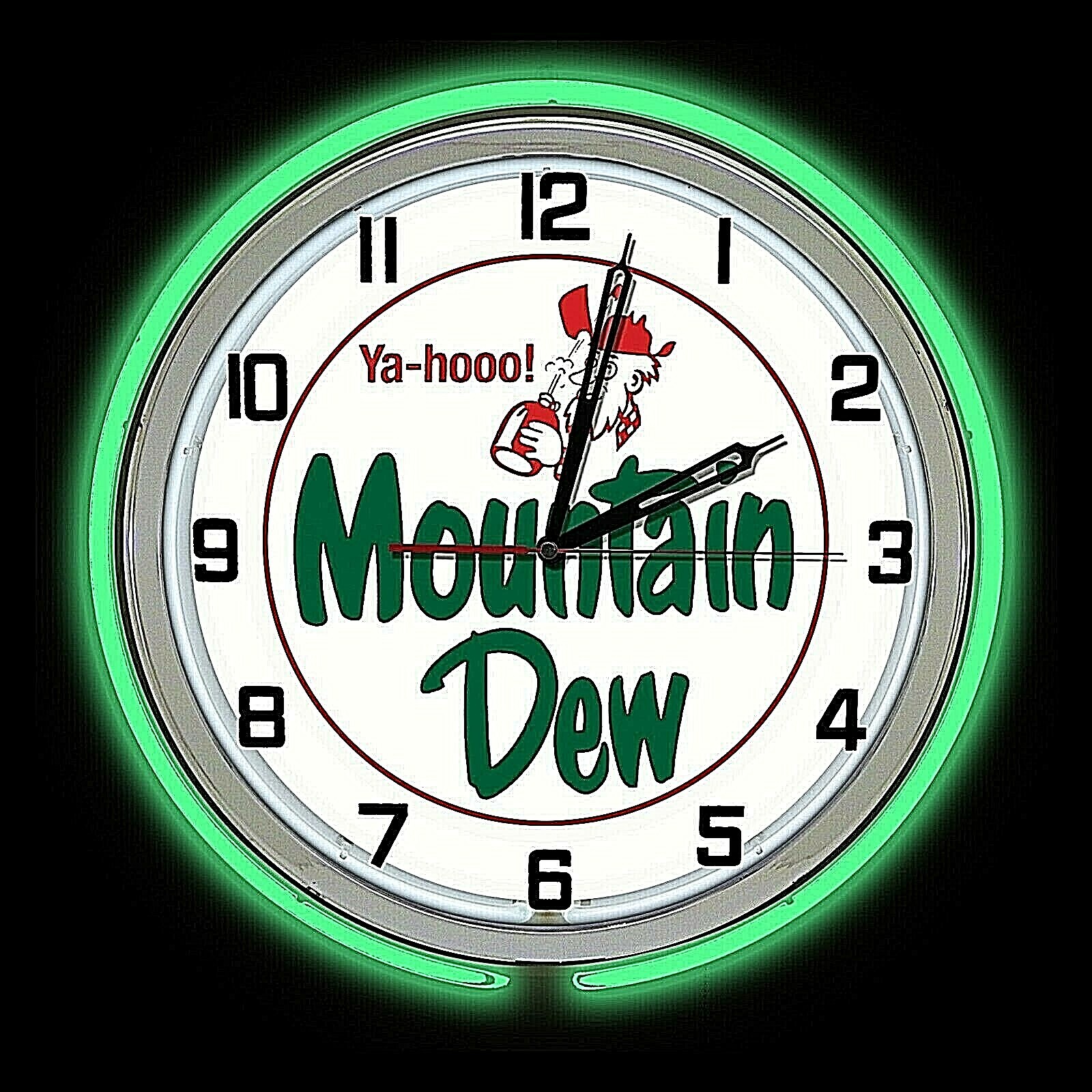 Mountain Dew Yahooo Sign 19" Green Double Neon Clock Man Cave Bar Garage Mt