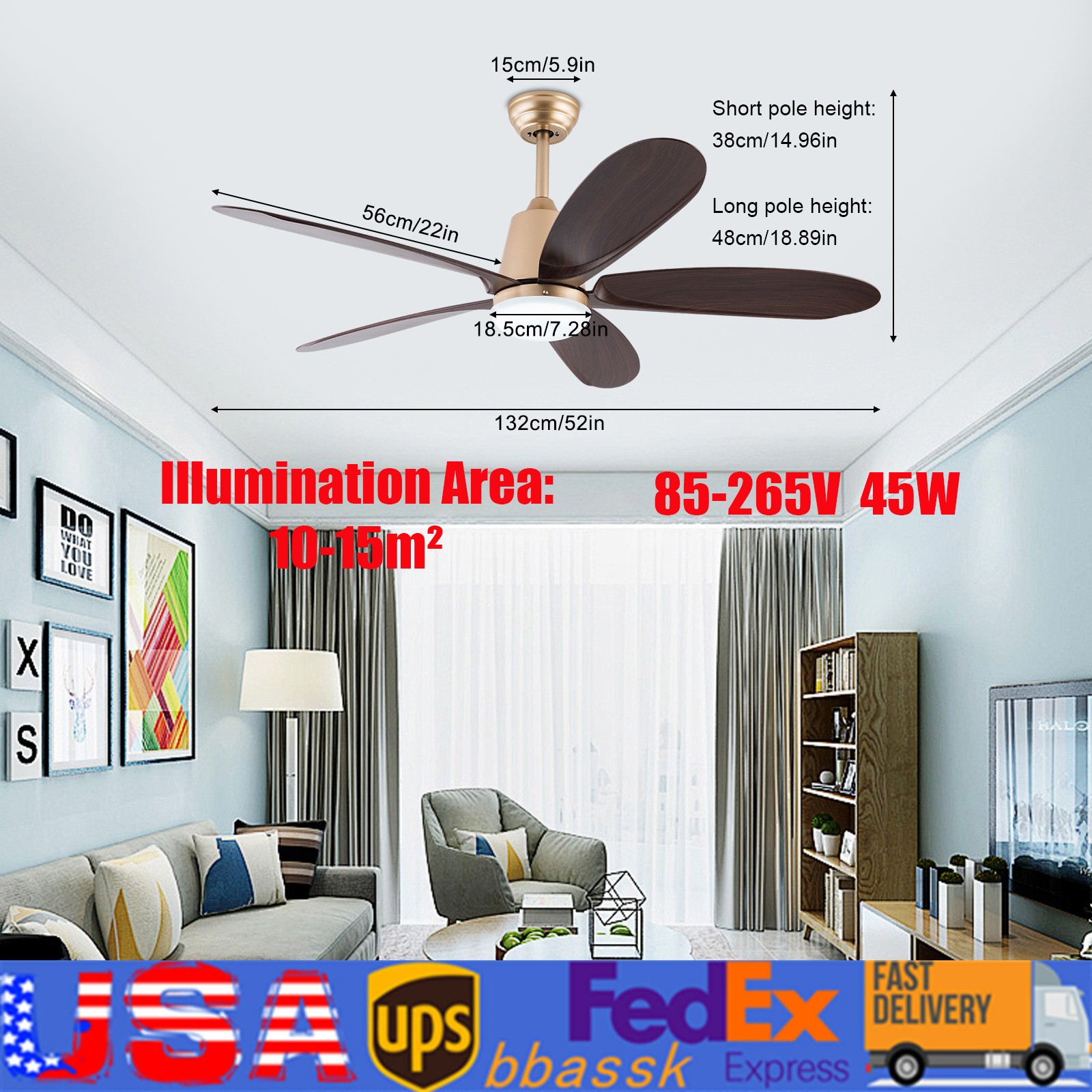 52in Fan Chandelier Ceiling Fan with Lights Ceiling Fan Light w/ Remote Control