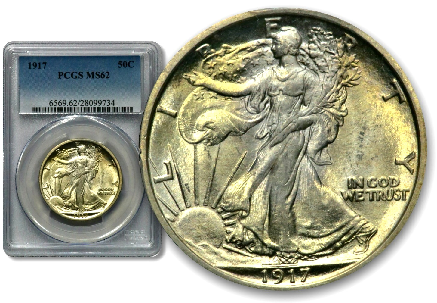 1917 50C Walking Liberty Half Dollar - PCGS MS62 Golden Toning   C1038