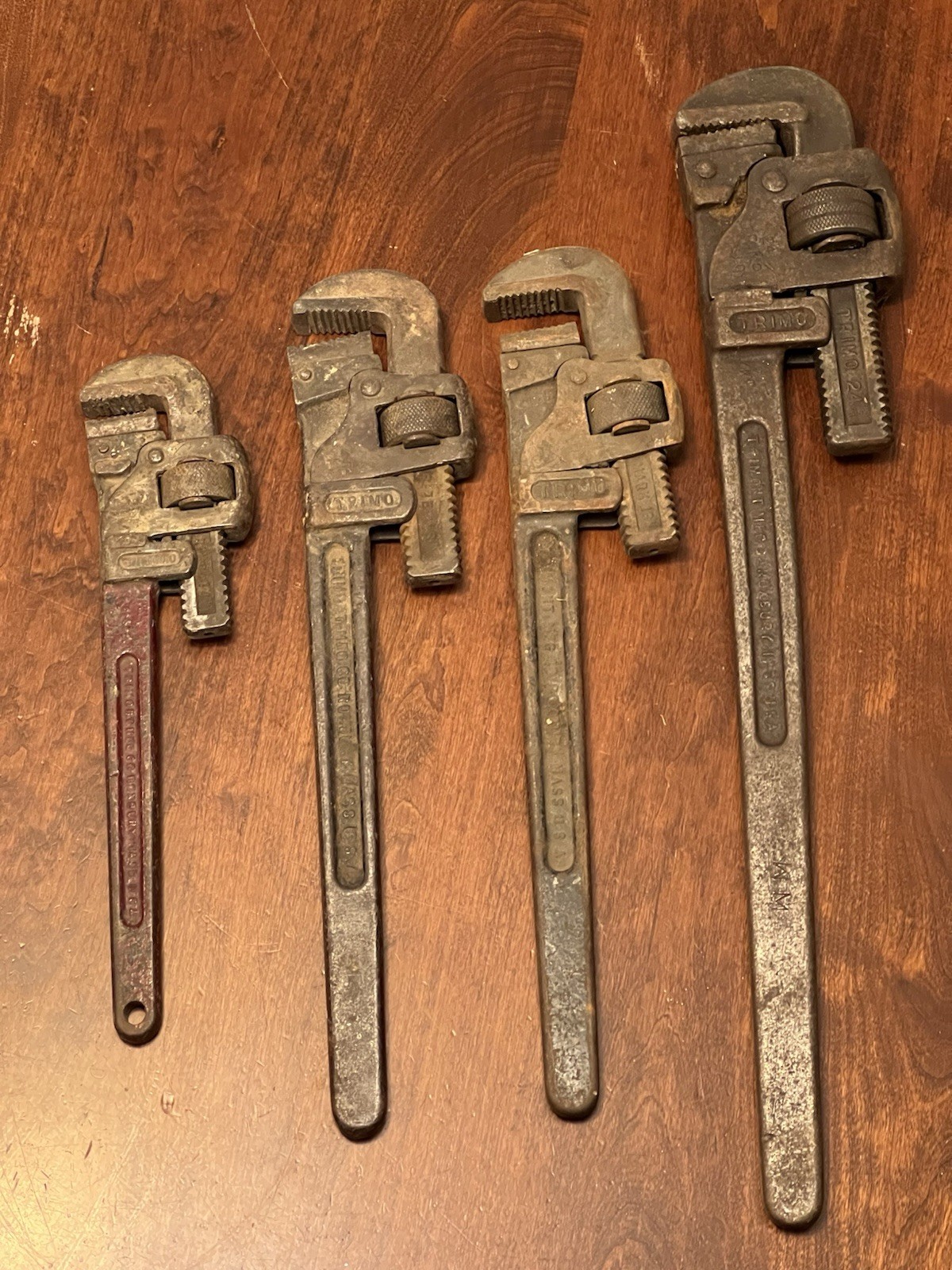 Vintage TRIMO Pipe Wrenches Lot Of 4 Trimont 24in/18in/14in Made In USA VTG TOOL