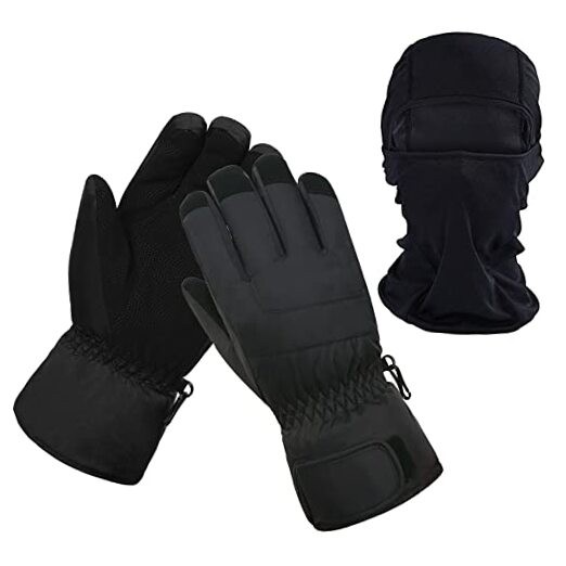 Women Ski Gloves, Winter Warmest Waterproof and Medium Black with Balaclava